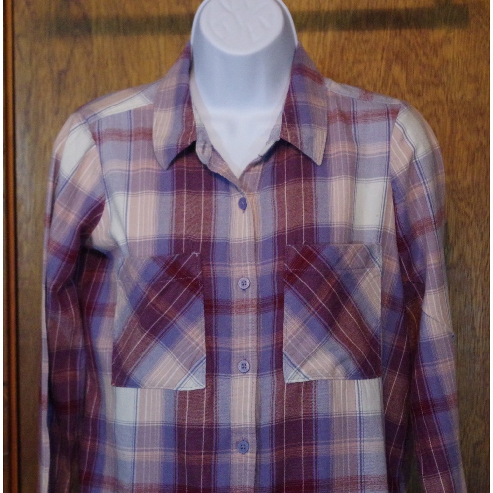 Mudd Women's XS Purple Plaid Flannel Button Down Shirt Long Sleeve Cotton - Picture 2 of 7